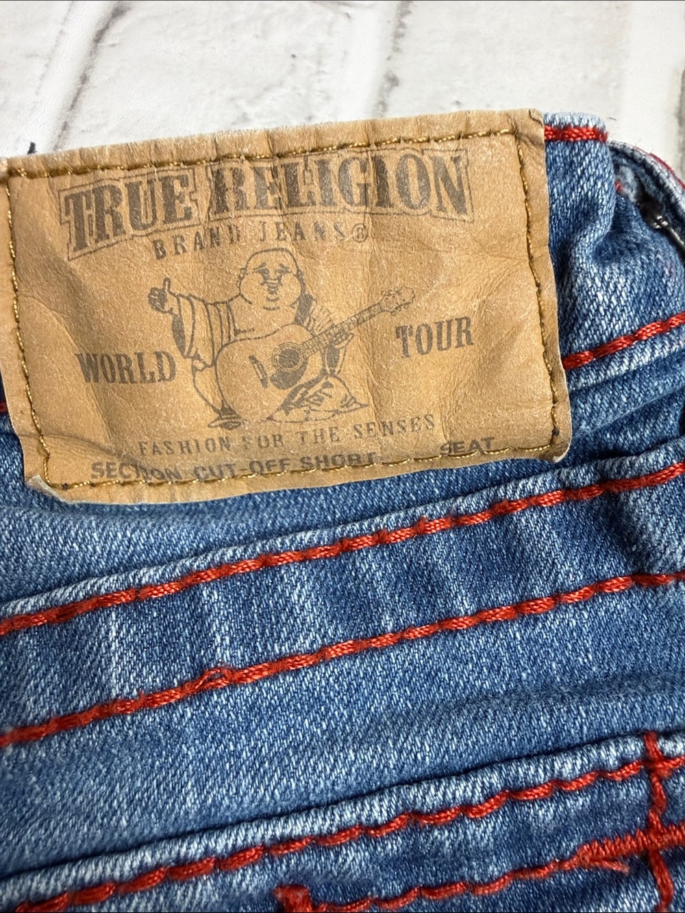 True Religion Blue Denim Shorts with Red Contrast Stitching - Picture 4 of 7